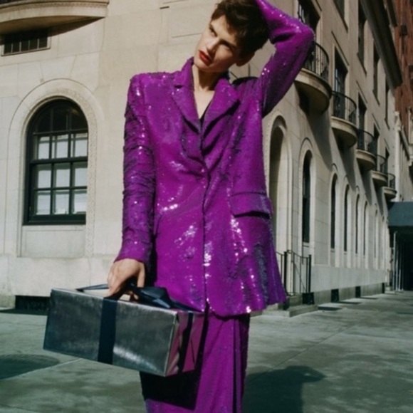 Zara Sequin Blazer Notch Lapel Oversized Jacket Purple Fuchsia XS - Picture 2 of 15